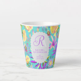 Caneca De Café Latte Blooming Mystical Floral Monogram Teal Latte Mug