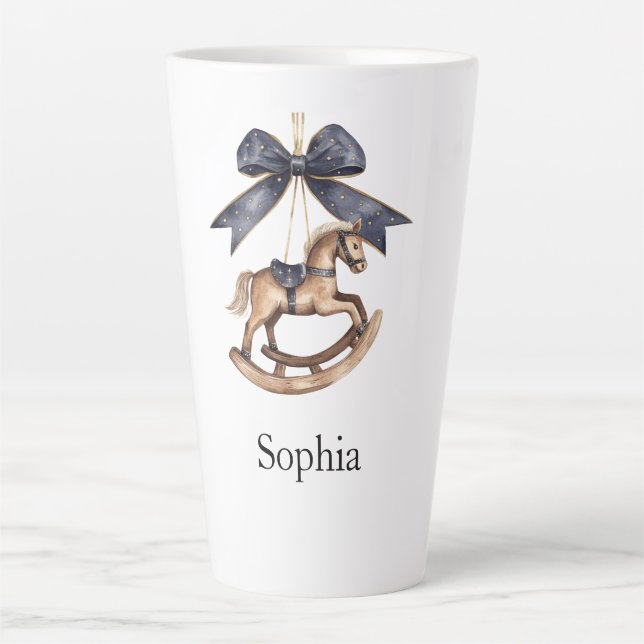 Caneca De Café Latte Blue Bow Rocking Horse Christmas (Frente)