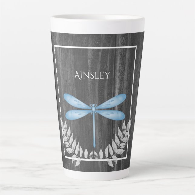 Caneca De Café Latte Blue Dragonfly Rustic Personalizado Latte Mug (Frente)
