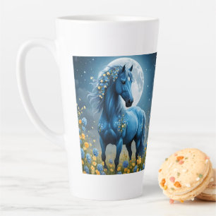 Caneca De Café Latte Blue Fantasy Cavalo Mágico Flores da Lua,