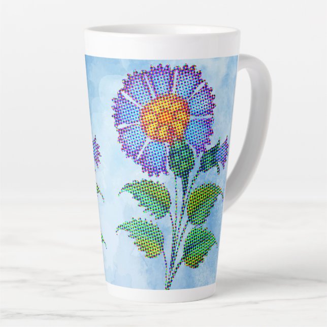 Caneca De Café Latte Blue Flower Halftone on Blue Fine Art (Ângulo direito)