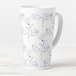 Caneca De Café Latte Blue flowers outline drawing in ink 
