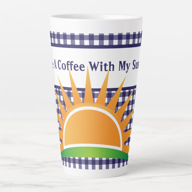 Caneca De Café Latte Blue Gingham E Sunshine (Frente)