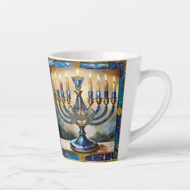 Caneca De Café Latte Blue Hanukkah Menorah (Direita)
