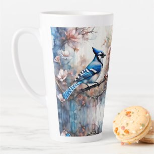 Caneca De Café Latte Blue Jay Cherry Blossoms aquarela