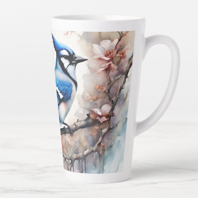 Caneca De Café Latte Blue Jay Cherry Blossoms aquarela (Direita)