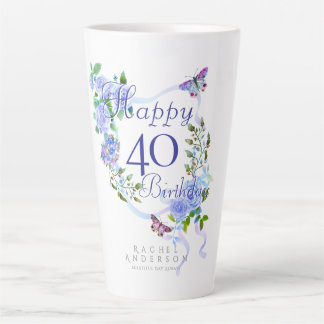 Caneca De Café Latte Blue Rose Ribbon 40th Birthday