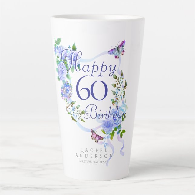 Caneca De Café Latte Blue Rose Ribbon 60th Birthday (Frente)