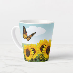 Caneca De Café Latte Blue Sky Girassol e borboletas personalizadas