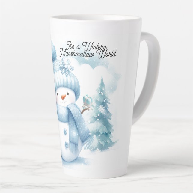 Caneca De Café Latte Blue Snowman Marshmallow World (Ângulo direito)