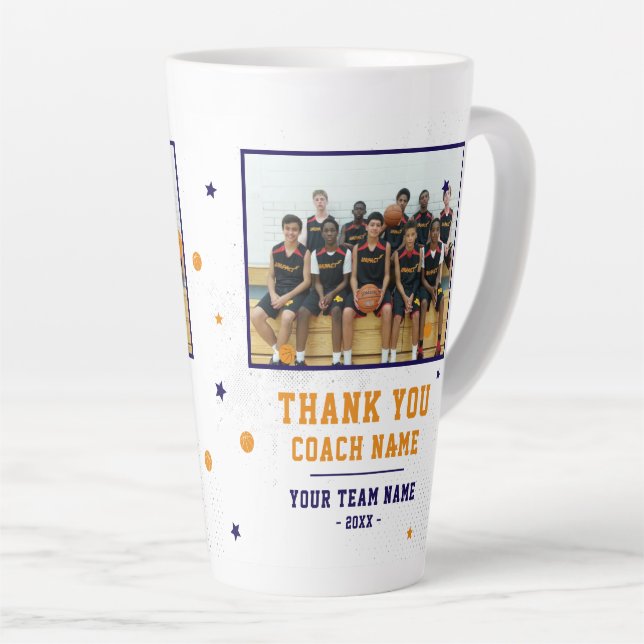 Caneca De Café Latte Blue Thank you Coach Team Name and Team Photo (Ângulo direito)