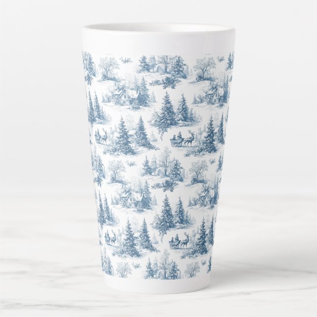 Caneca De Café Latte Blue Toile Christmas Pattern  (Frente)