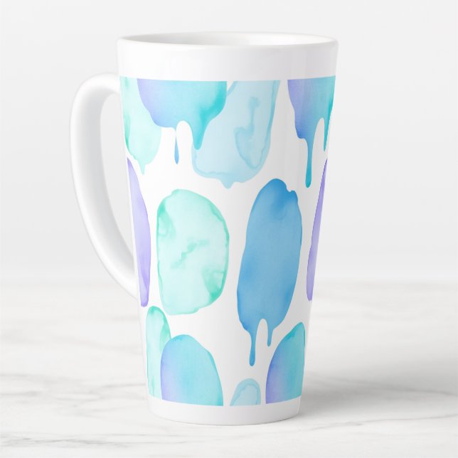 Caneca De Café Latte Blue Turquoise Watercolor Droplet Pattern (Ângulo esquerdo)
