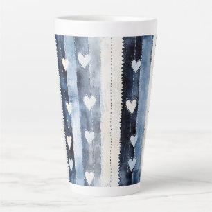 Caneca De Café Latte Blue White Denim Heart Stripes Birthday