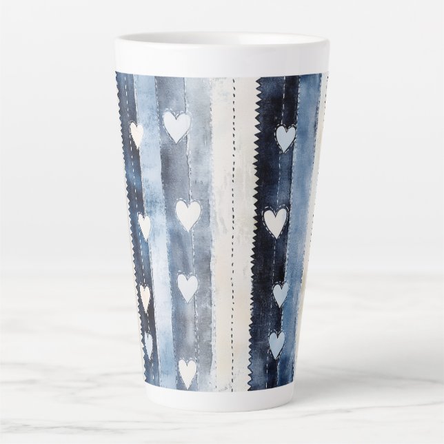 Caneca De Café Latte Blue White Denim Heart Stripes Birthday (Frente)
