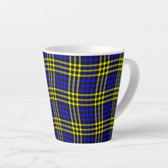 Caneca De Café Latte Blue Yellow Plaid Checker Seamless Pattern (Ângulo direito)