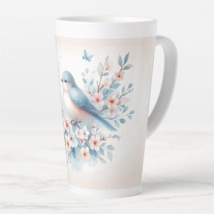 Caneca De Café Latte Bluebird Blossom Aquarela Serenidade