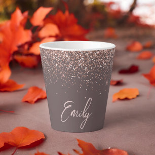 Caneca De Café Latte Blush de Rosa Terracota Dourado com Glitter Monogr