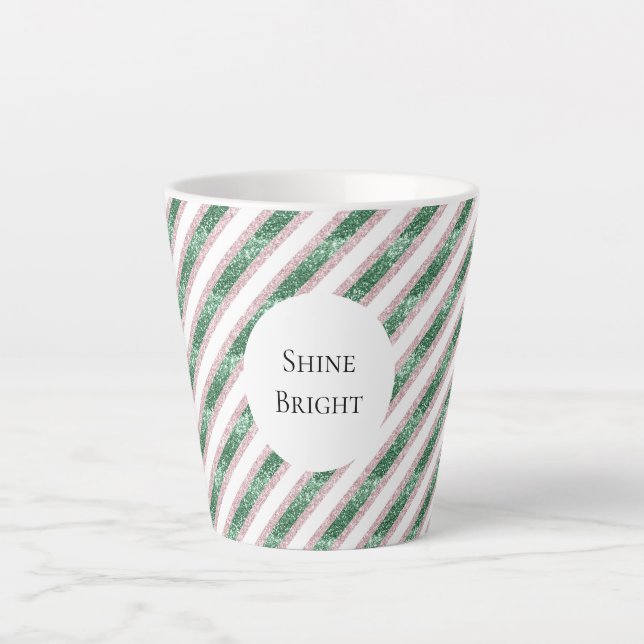 Caneca De Café Latte Blush Pink Green Glitzy Stripes Christmas (Frente)