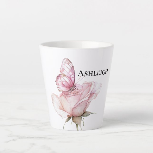 Caneca De Café Latte Blush Pink Rose Butterfly   (Frente)