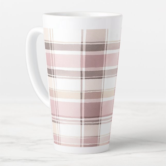 Caneca De Café Latte Blush Rosa Creme Marrom Listras Natal (Ângulo esquerdo)