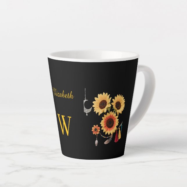 Caneca De Café Latte Boho Sunflower Custom Name Floral Gift Black (Ângulo direito)