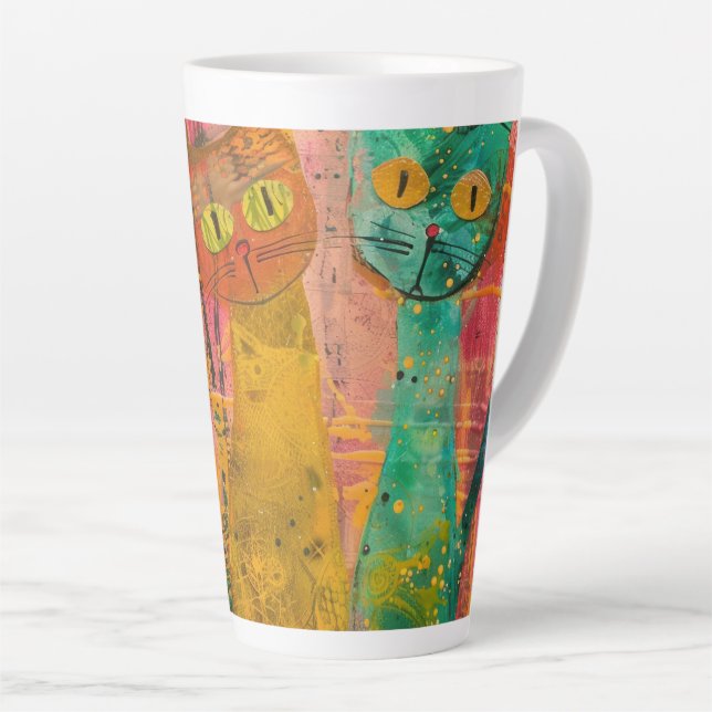 Caneca De Café Latte Boho Watercolor Cats - Terna Feline Art (2) (Ângulo direito)