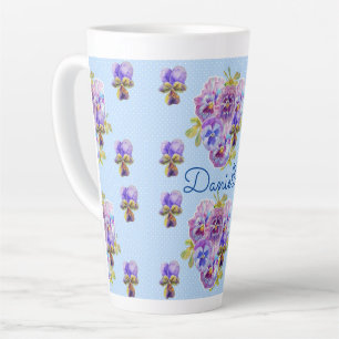Caneca De Café Latte Bolinhas Floral Chique Azul Pansy