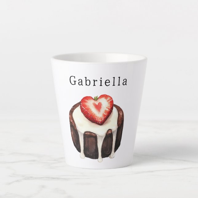Caneca De Café Latte Bolo de Chocolate Morango Coração (Frente)