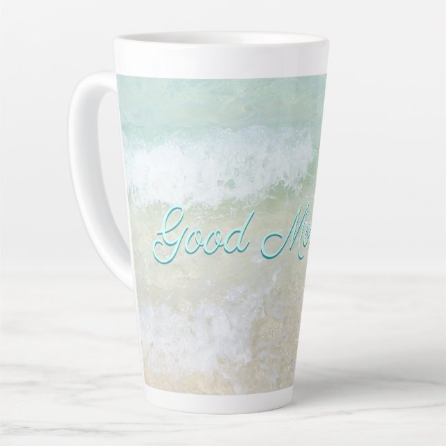 Caneca De Café Latte Bom Dia Praia Surf Oceano Dizendo (Ângulo esquerdo)