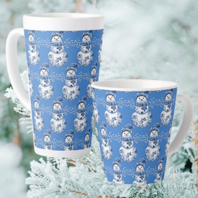 Caneca De Café Latte Boneco de Neve Azul Alegre Branco Feliz  (Warm up with a gingerbread latte!)