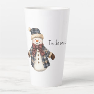 Caneca De Café Latte Boneco de Neve de Natal Xadrez Azul Vermelho