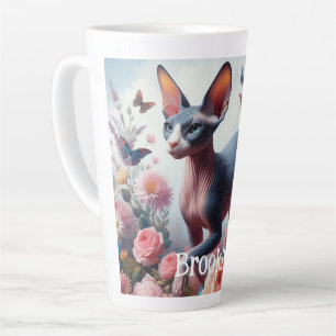 Caneca De Café Latte Bonita Gato Esfinge e Flores