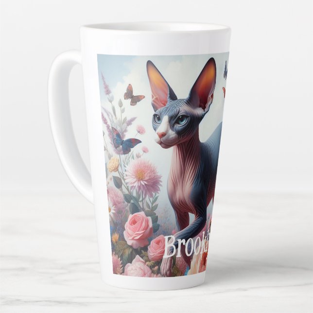 Caneca De Café Latte Bonita Gato Esfinge e Flores (Ângulo esquerdo)