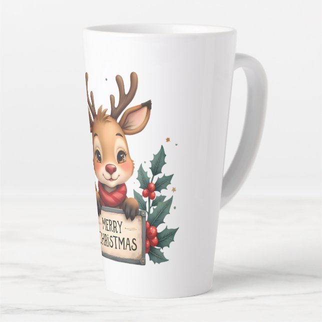 Caneca De Café Latte Bonita Reindeja de Natal com Holly e Sinal (Ângulo direito)