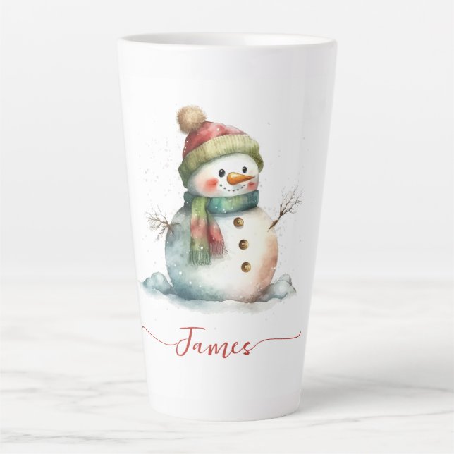 Caneca De Café Latte Bonito Snowman Aquarela Personalizado Natal (Frente)