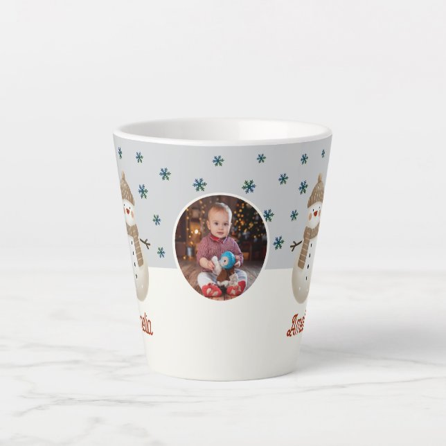 Caneca De Café Latte Bonito Snowman Snowflakes Nome Foto Natal (Frente)