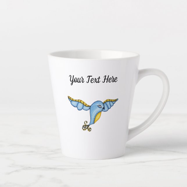Caneca De Café Latte Bonito Whimsic Flying bluebird Scroled Tail (Direita)