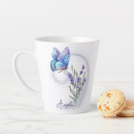 Caneca De Café Latte Borboleta Azul e Lavanda Personalizada
