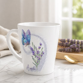 Caneca De Café Latte Borboleta Azul e Lavanda Personalizadas