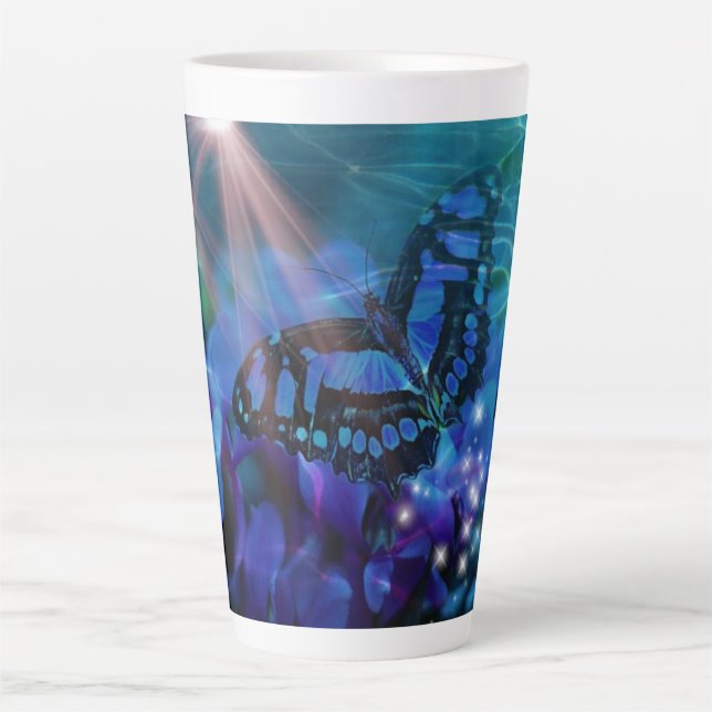 Caneca De Café Latte Borboleta Azul Mágica (Frente)