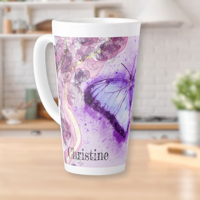 Caneca De Café Latte Borboleta de Aquarela Roxa e Dourada (Purple and Gold Watercolor Butterfly Latte Mug)