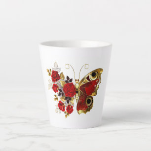 Caneca De Café Latte Borboleta de flor vermelha com rosas vermelhas