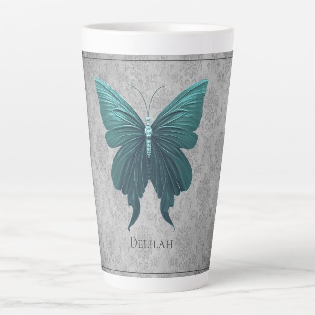 Caneca De Café Latte Borboleta de Teal Jeweled (Frente)