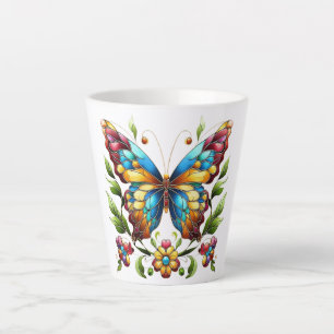 Caneca De Café Latte Borboleta de vidro colorida com flores