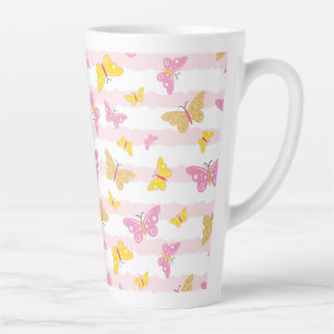 Caneca De Café Latte Borboleta Dourada e rosa