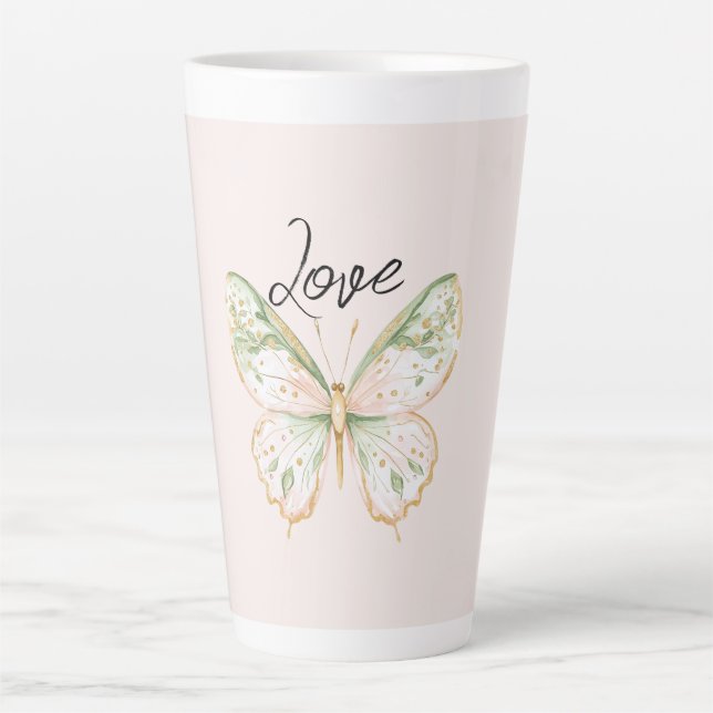 Caneca De Café Latte Borboleta Dourada Rosa Corado Verde Menta (Frente)