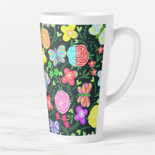 Caneca De Café Latte Borboleta Flor Arco-Íris