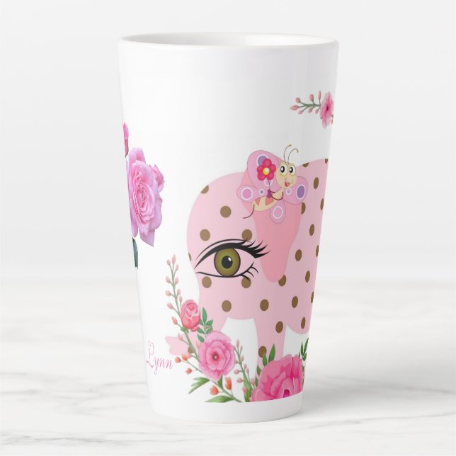 Caneca De Café Latte Borboleta Floral Elefante Rosa Latino (Frente)