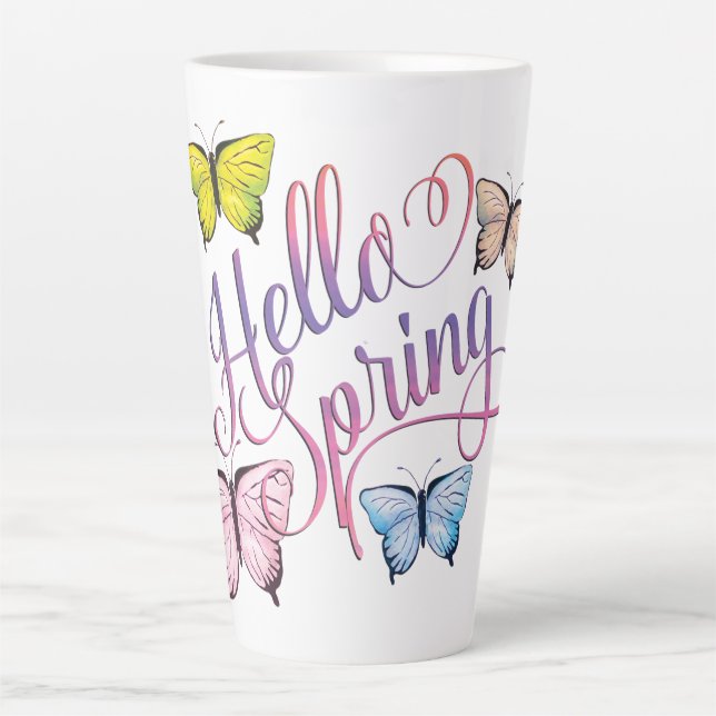 Caneca De Café Latte Borboleta Olá Primavera (Frente)